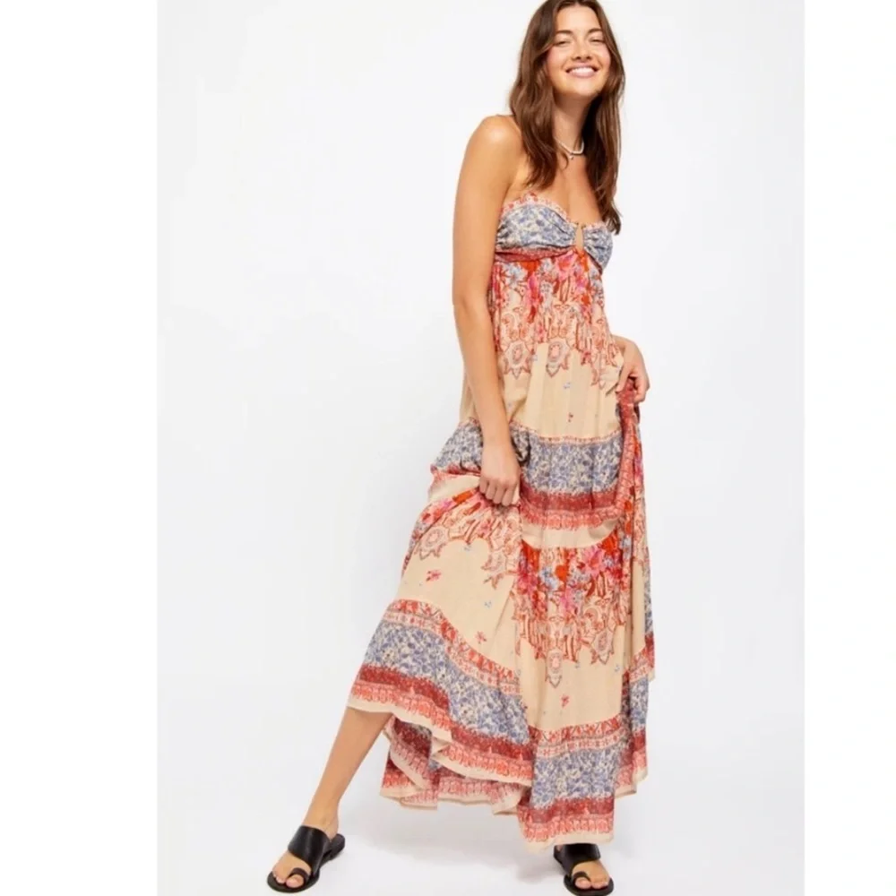 Free People Beige Floral Tiered Maxi Dress with Red and Blue Accents - Picture 5 of 13